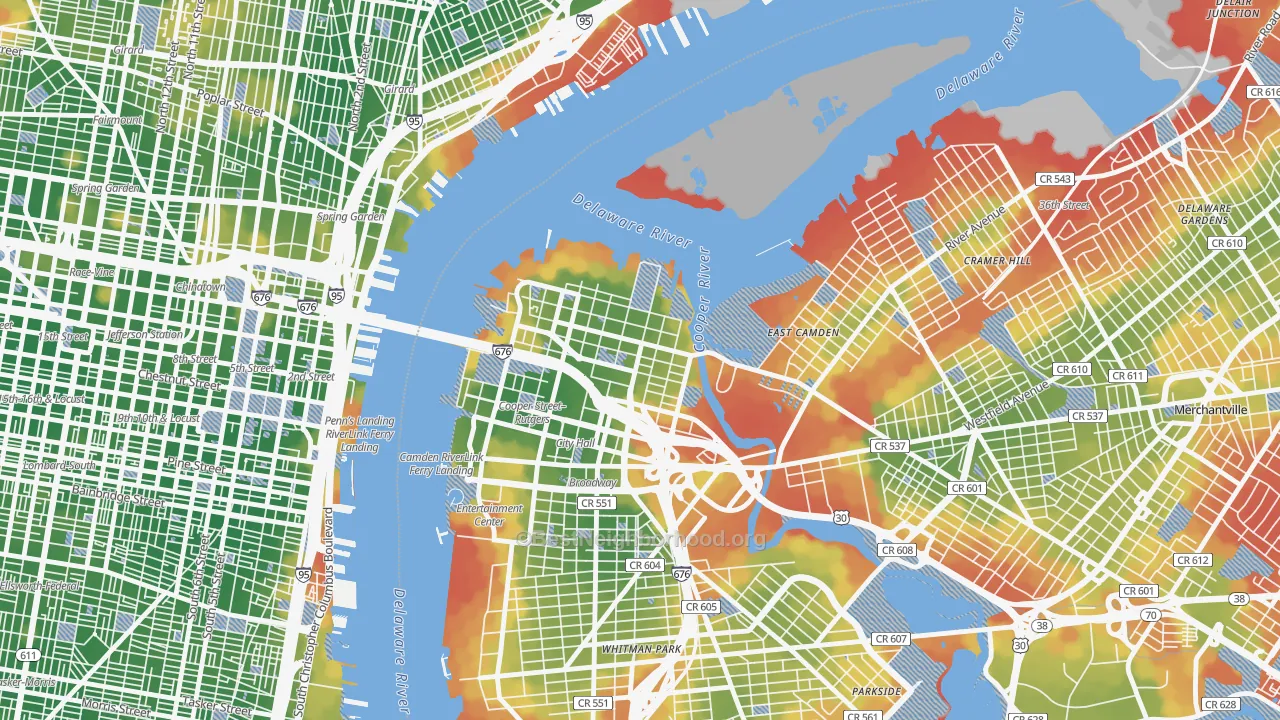 Walk Grade map of Pyne Poynt, Camden, NJ, walkable areas in green and car-dependent areas in red
