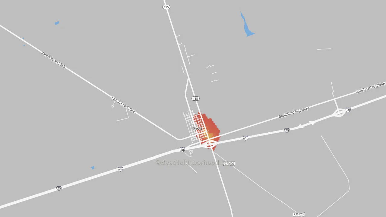 Walk Grade map of Pyote, TX, walkable areas in green and car-dependent areas in red