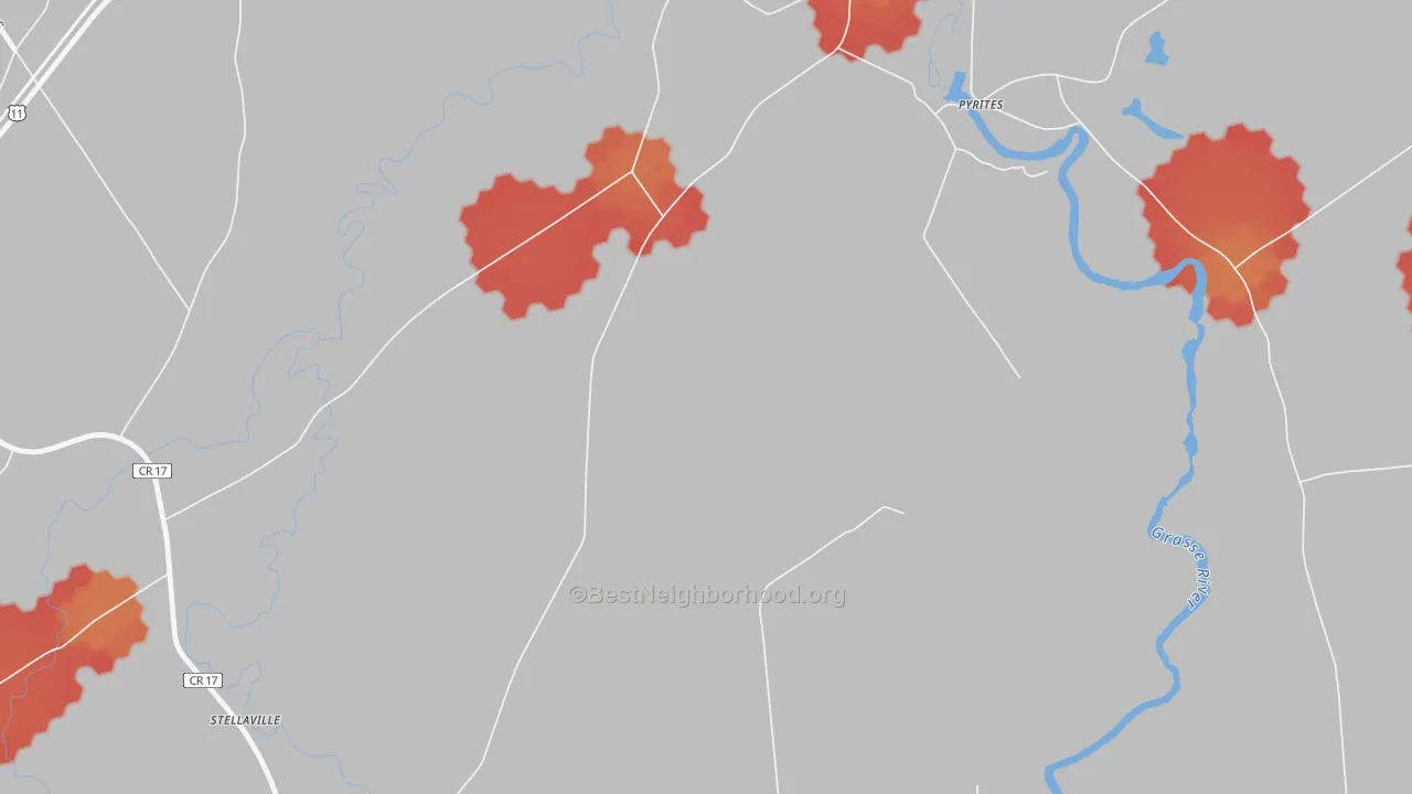 Walk Grade map of Pyrites, NY, walkable areas in green and car-dependent areas in red