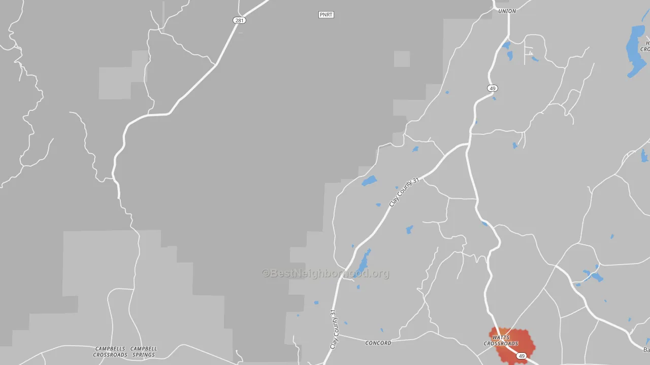Walk Grade map of Pyriton, AL, walkable areas in green and car-dependent areas in red