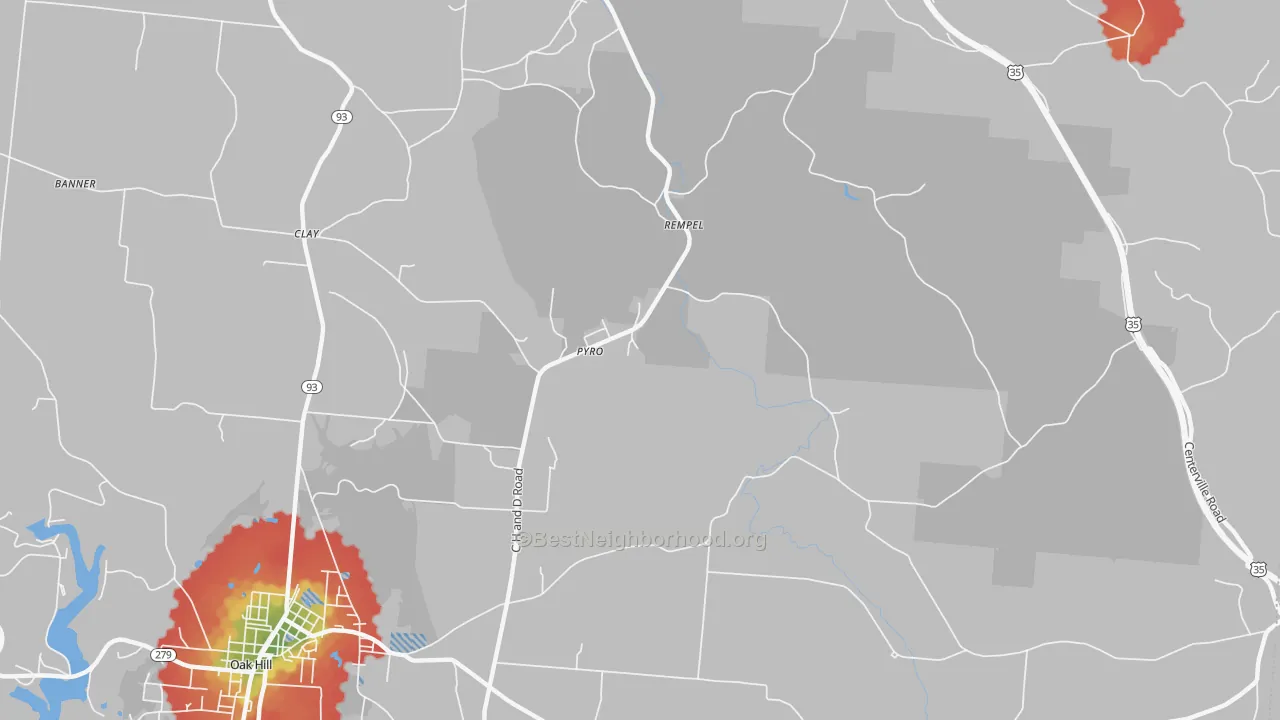 Walk Grade map of Pyro, OH, walkable areas in green and car-dependent areas in red