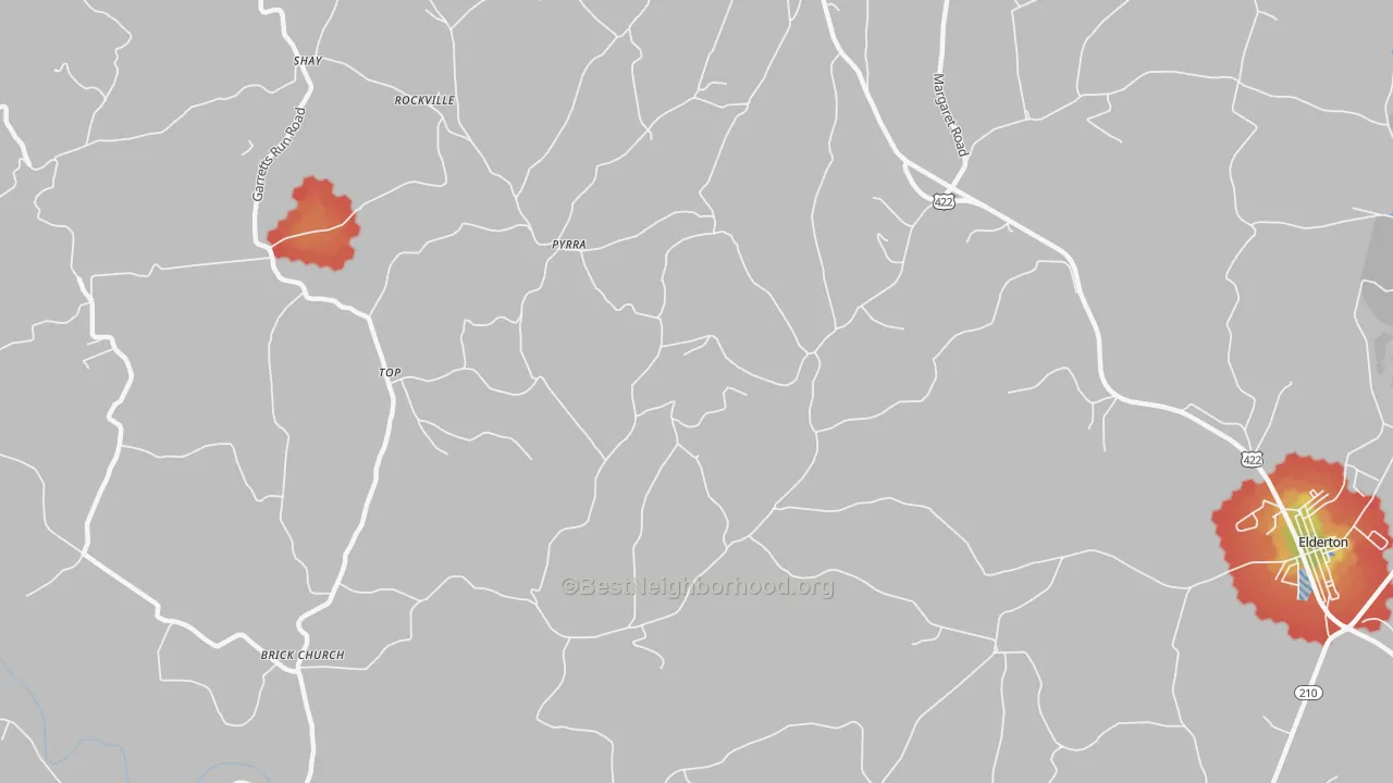Walk Grade map of Pyrra, PA, walkable areas in green and car-dependent areas in red