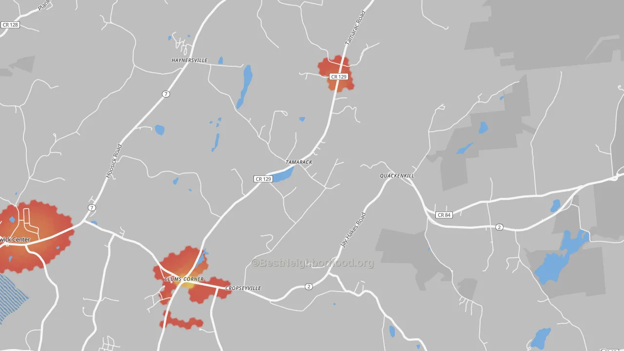Walk Grade map of Quackenkill, NY, walkable areas in green and car-dependent areas in red