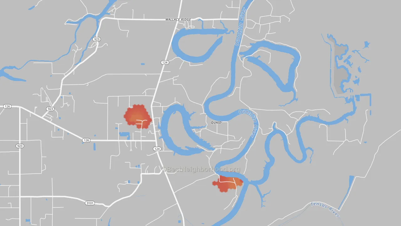 Walk Grade map of Quaid, LA, walkable areas in green and car-dependent areas in red