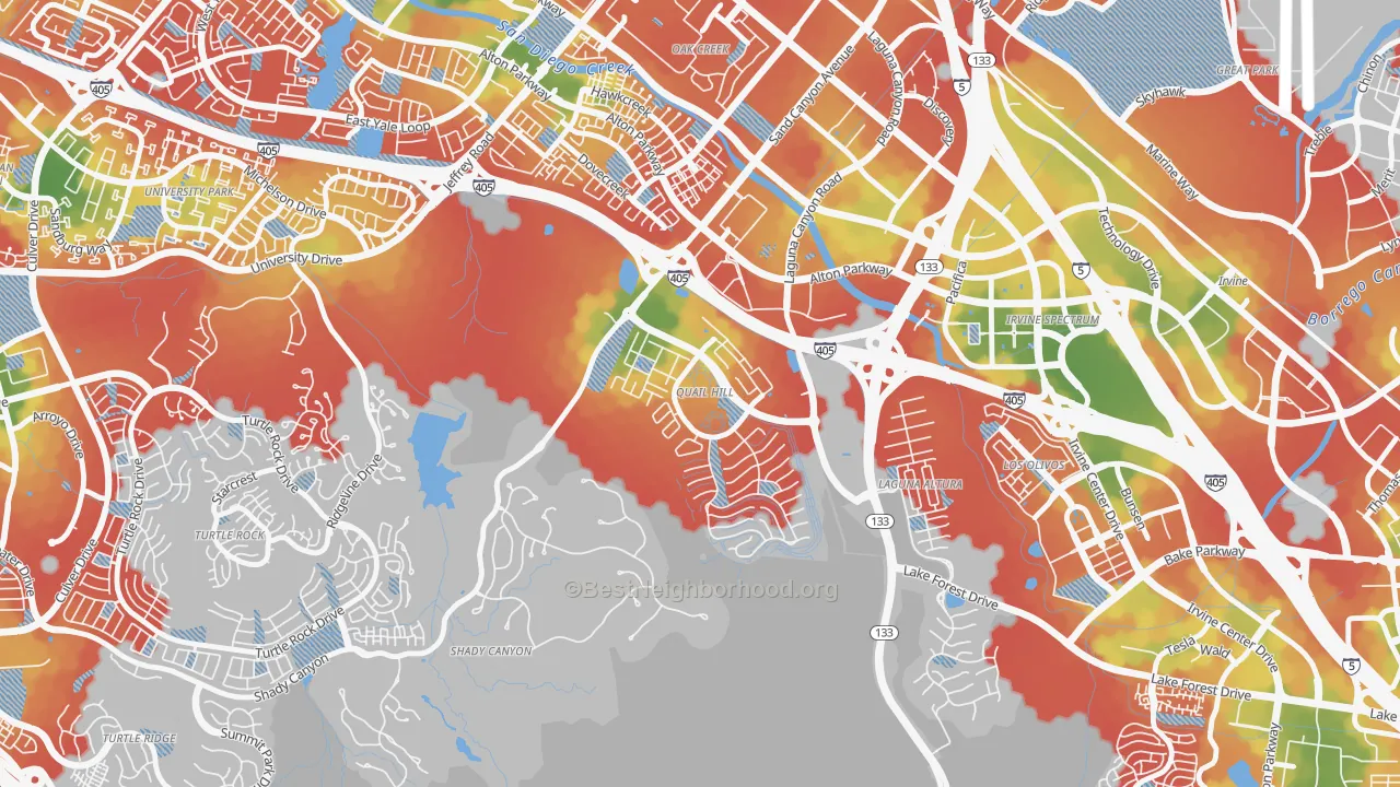 Walk Grade map of Quail Hill, Irvine, CA, walkable areas in green and car-dependent areas in red