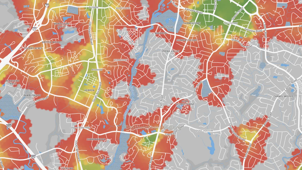 Walk Grade map of Quail Hollow, Charlotte, NC, walkable areas in green and car-dependent areas in red