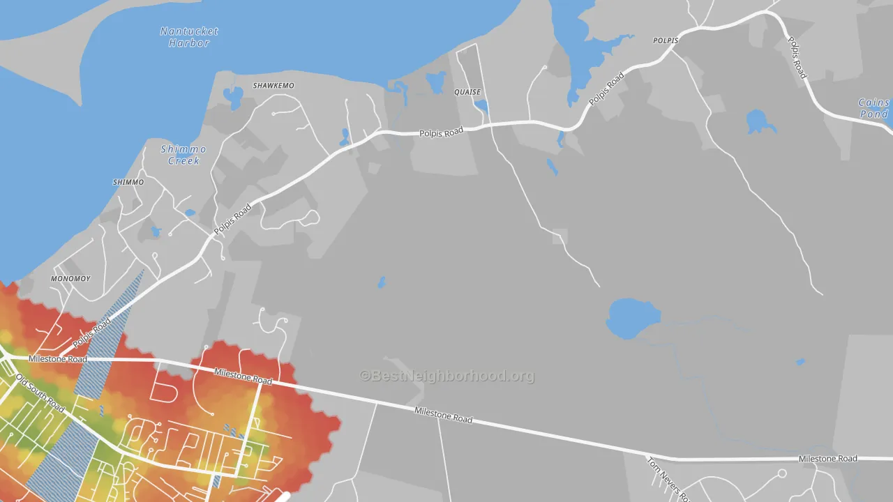 Walk Grade map of Quaise, MA, walkable areas in green and car-dependent areas in red