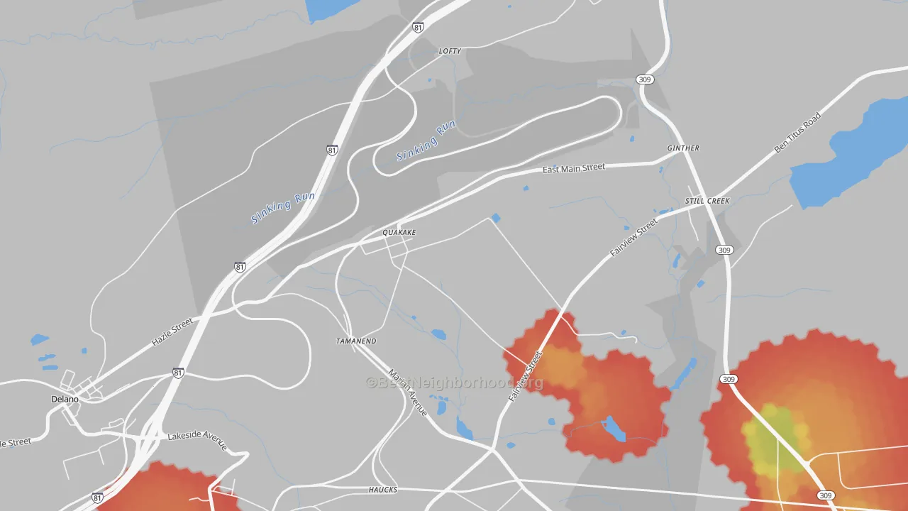 Walk Grade map of Quakake, PA, walkable areas in green and car-dependent areas in red