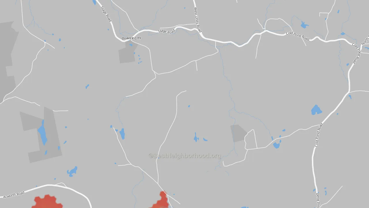 Walk Grade map of Quaker City, NH, walkable areas in green and car-dependent areas in red