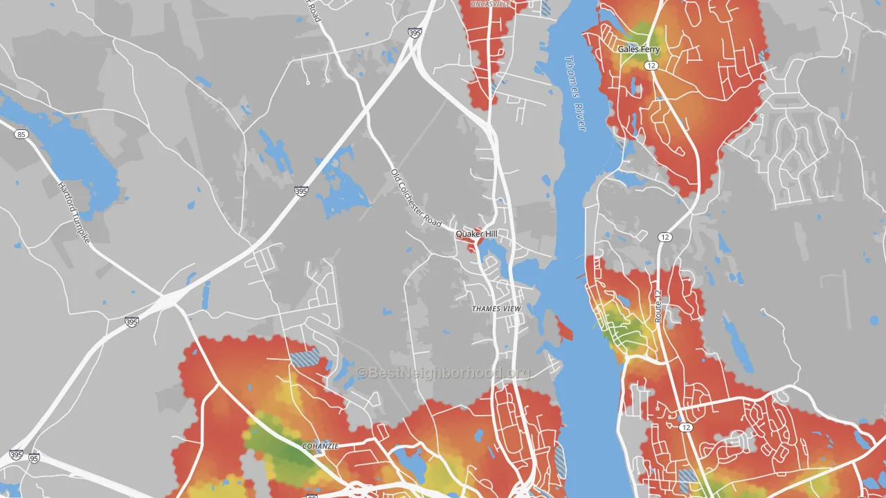 Walk Grade map of Quaker Hill, CT, walkable areas in green and car-dependent areas in red