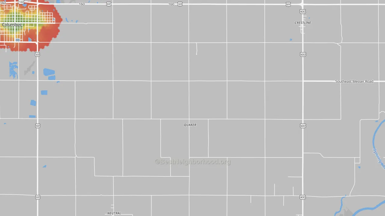 Walk Grade map of Quaker, KS, walkable areas in green and car-dependent areas in red