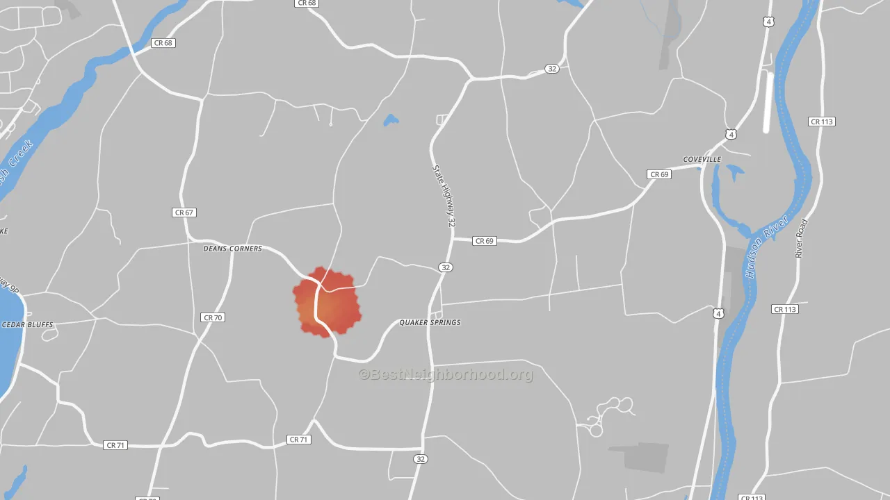 Walk Grade map of Quaker Springs, NY, walkable areas in green and car-dependent areas in red