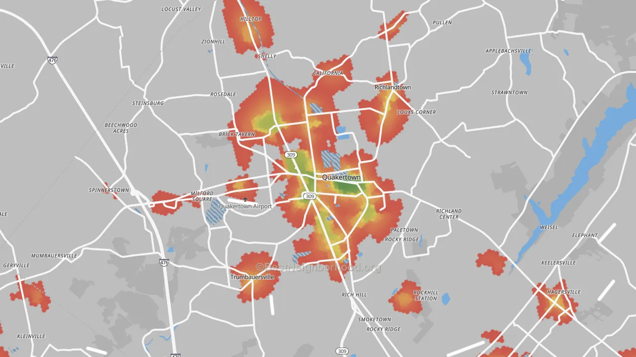 Walk Grade map of Quakertown, PA, walkable areas in green and car-dependent areas in red