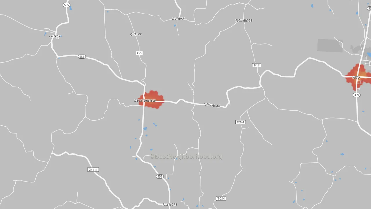 Walk Grade map of Qualey, OH, walkable areas in green and car-dependent areas in red