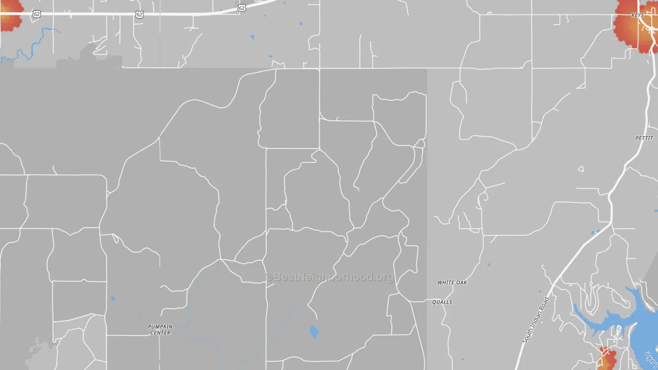 Walk Grade map of Qualls, OK, walkable areas in green and car-dependent areas in red
