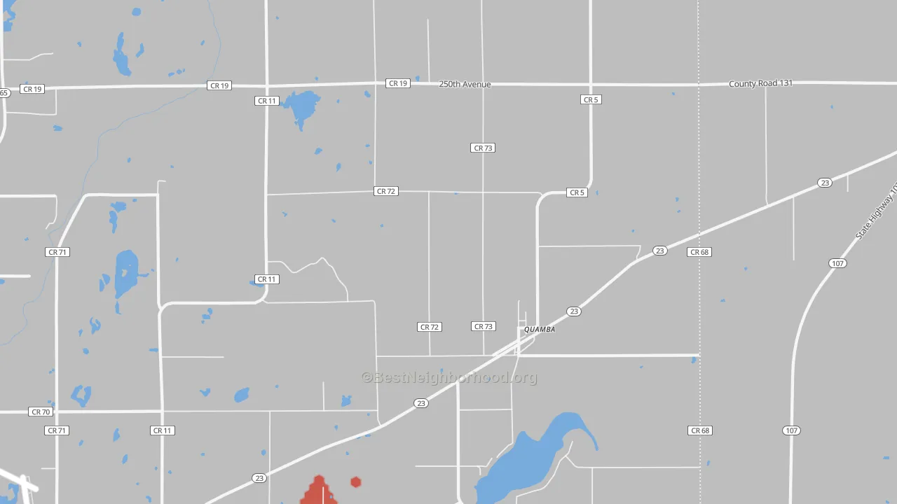 Walk Grade map of Quamba, MN, walkable areas in green and car-dependent areas in red