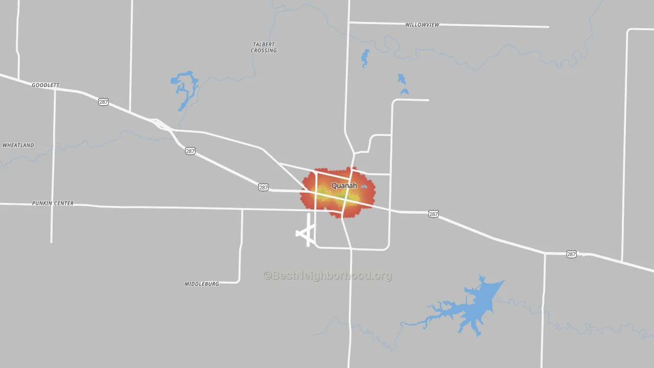Walk Grade map of Quanah, TX, walkable areas in green and car-dependent areas in red