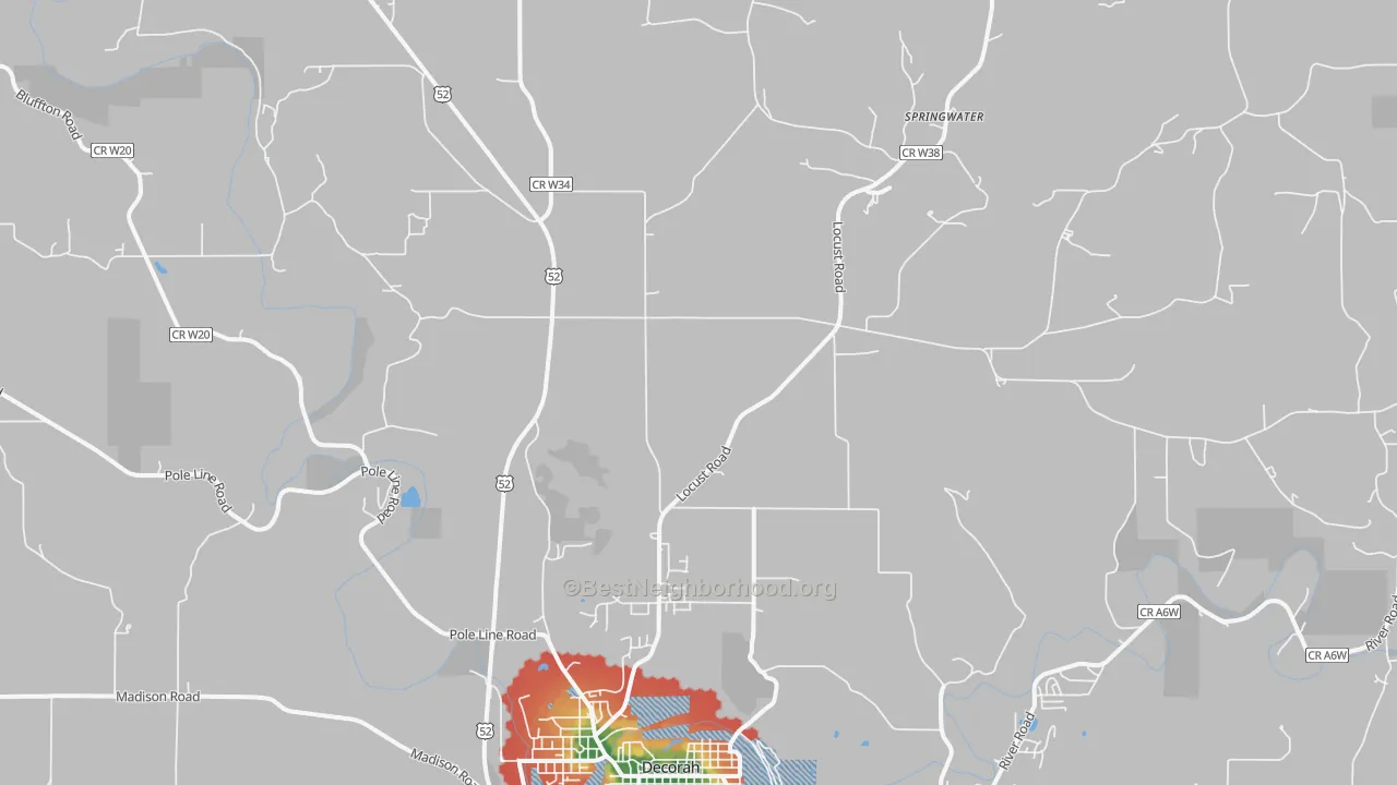 Walk Grade map of Quandahl, IA, walkable areas in green and car-dependent areas in red