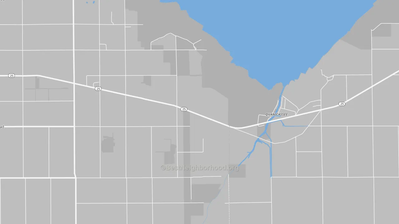 Walk Grade map of Quanicassee, MI, walkable areas in green and car-dependent areas in red