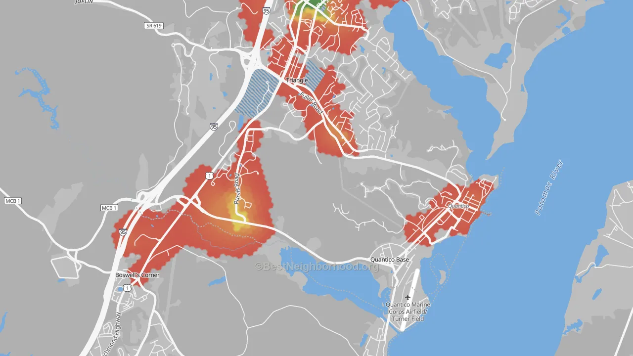 Walk Grade map of Quantico Base, VA, walkable areas in green and car-dependent areas in red