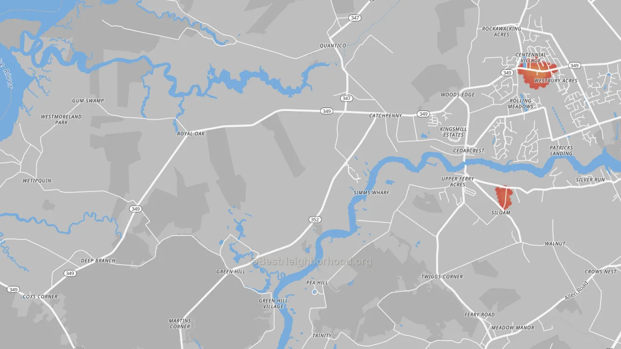 Walk Grade map of Quantico, MD, walkable areas in green and car-dependent areas in red