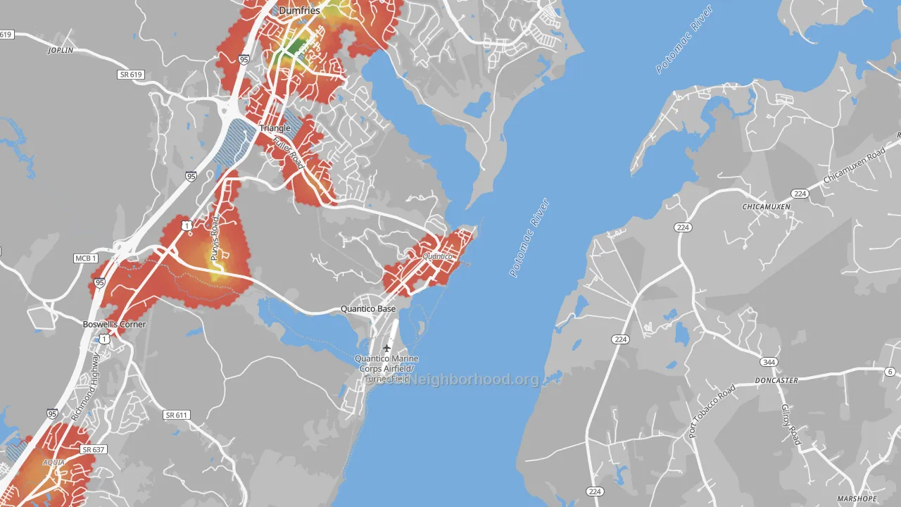 Walk Grade map of Quantico, VA, walkable areas in green and car-dependent areas in red