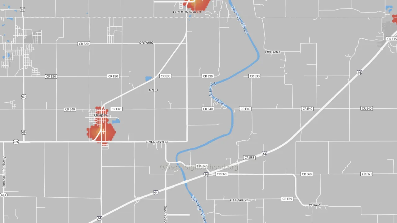 Walk Grade map of Quapaw, OK, walkable areas in green and car-dependent areas in red