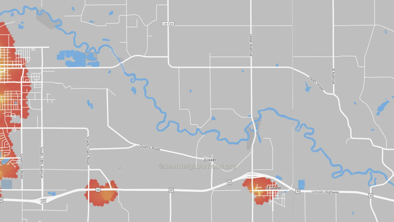 Walk Grade map of Quarry, IA, walkable areas in green and car-dependent areas in red