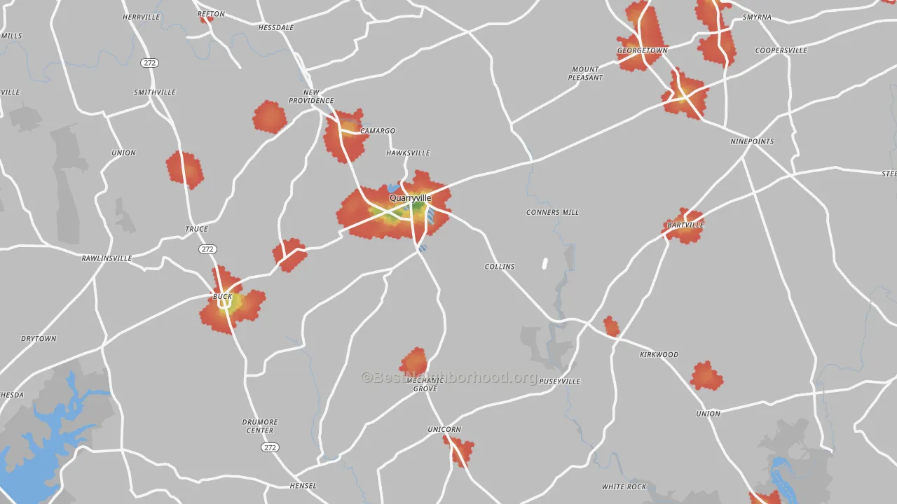 Walk Grade map of Quarryville, PA, walkable areas in green and car-dependent areas in red