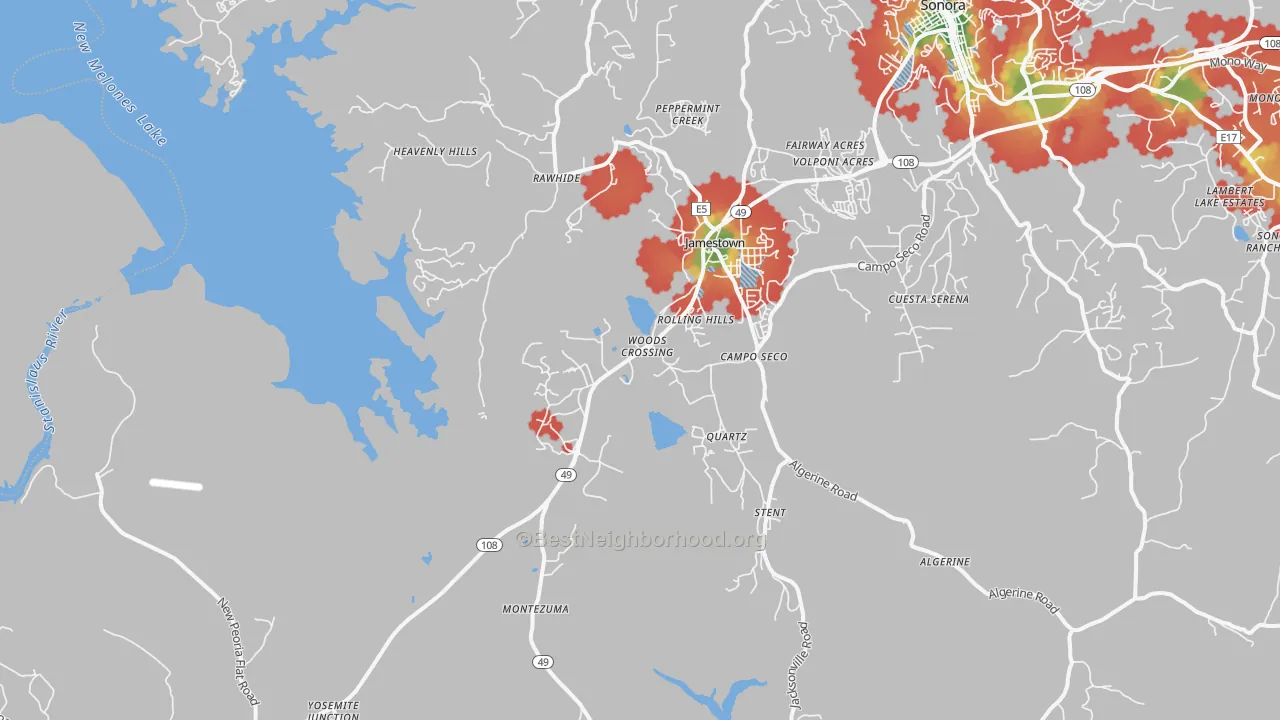 Walk Grade map of Quartz, CA, walkable areas in green and car-dependent areas in red