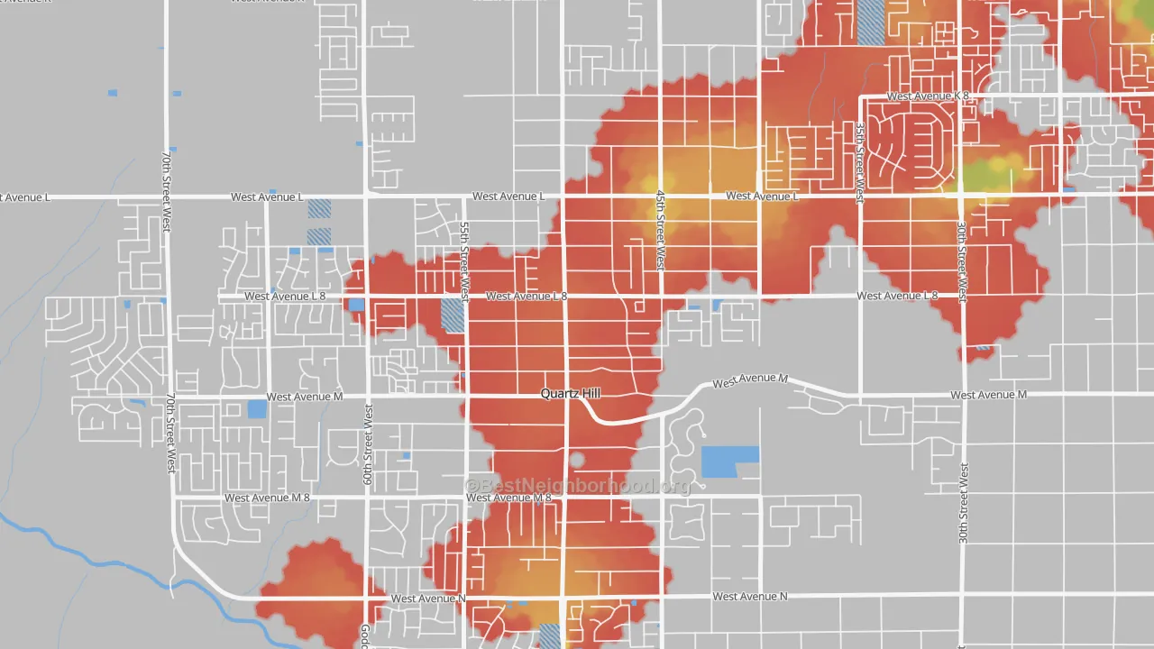 Walk Grade map of Quartz Hill, CA, walkable areas in green and car-dependent areas in red