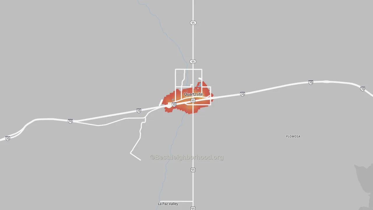 Walk Grade map of Quartzsite, AZ, walkable areas in green and car-dependent areas in red