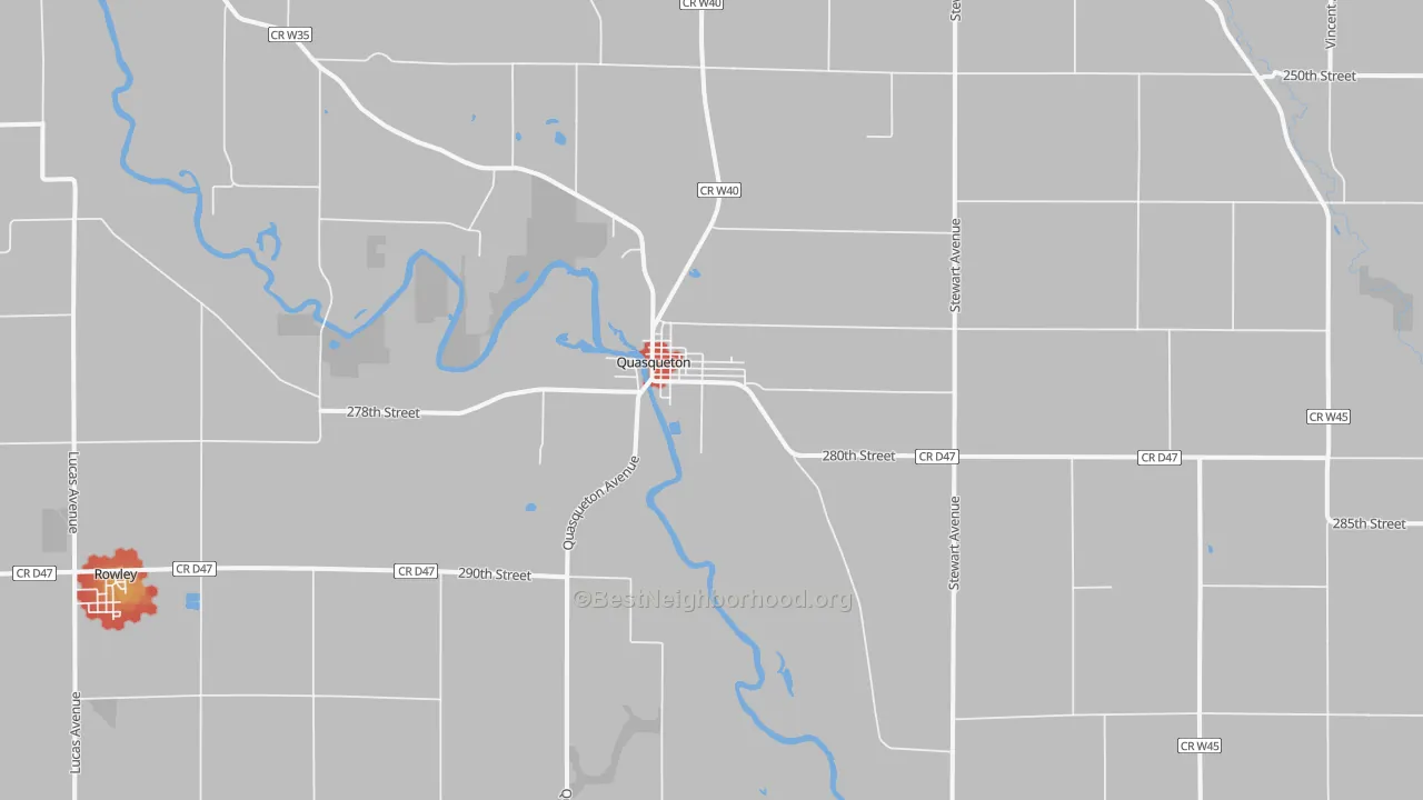 Walk Grade map of Quasqueton, IA, walkable areas in green and car-dependent areas in red