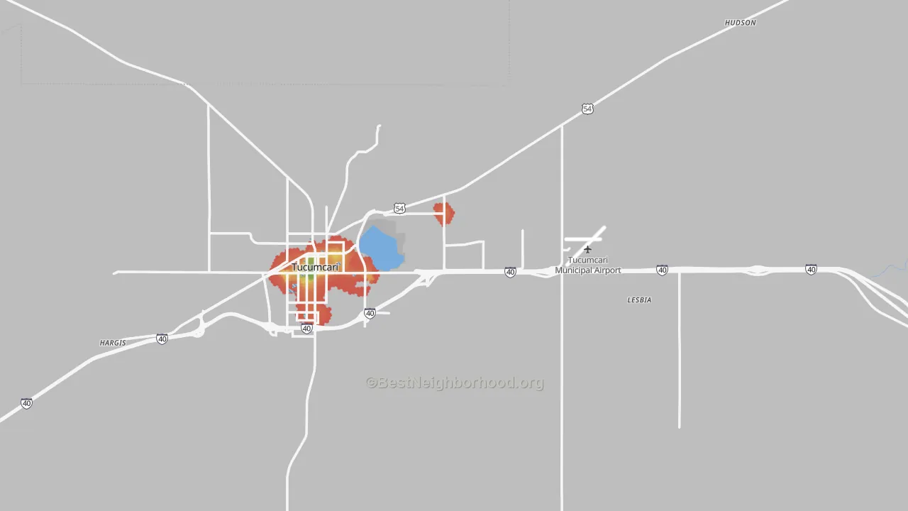 Walk Grade map of Quay County, NM, walkable areas in green and car-dependent areas in red