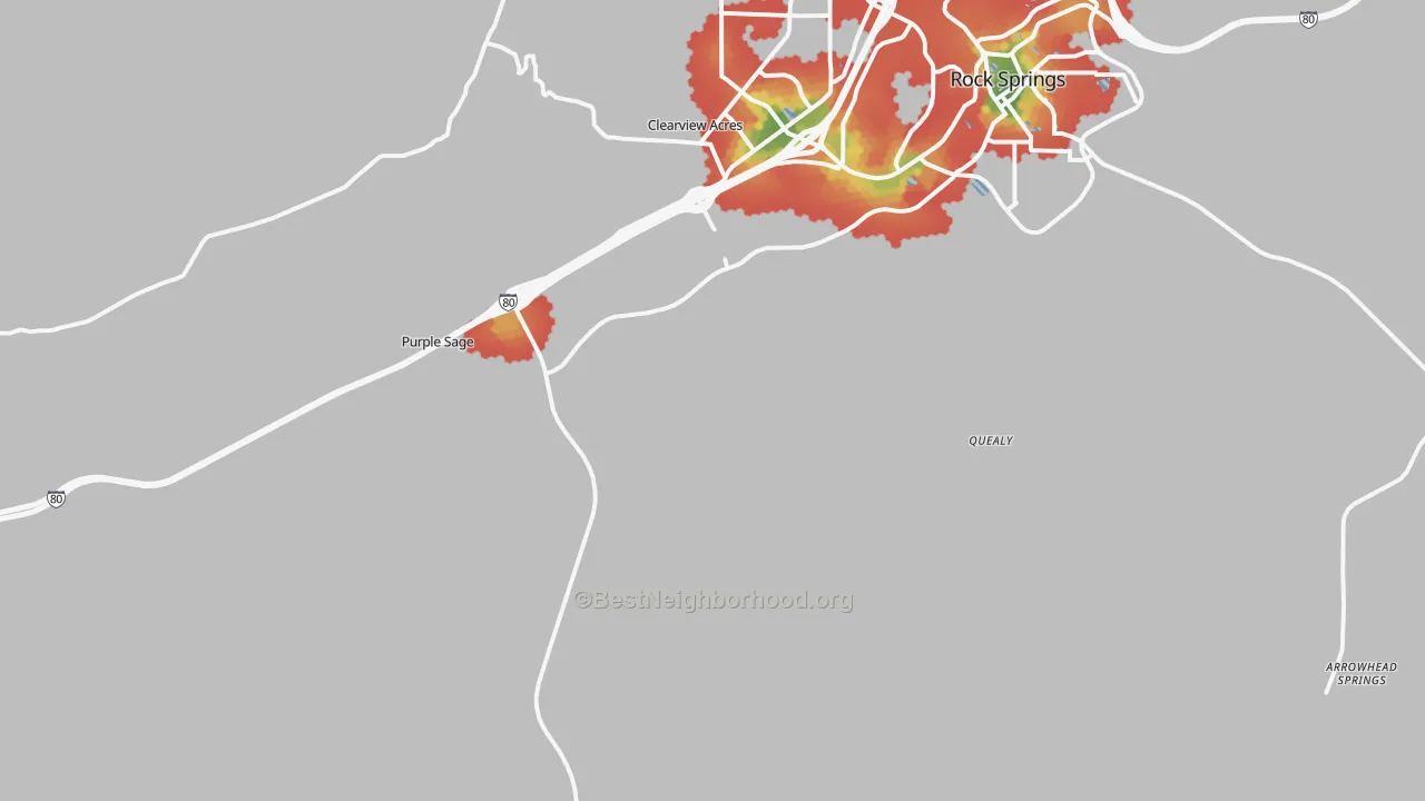 Walk Grade map of Quealy, WY, walkable areas in green and car-dependent areas in red