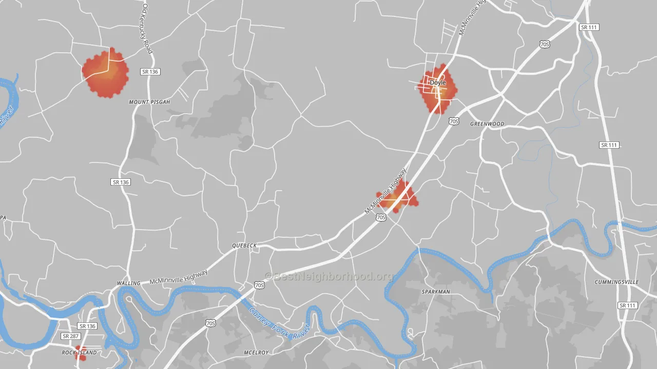 Walk Grade map of Quebeck, TN, walkable areas in green and car-dependent areas in red
