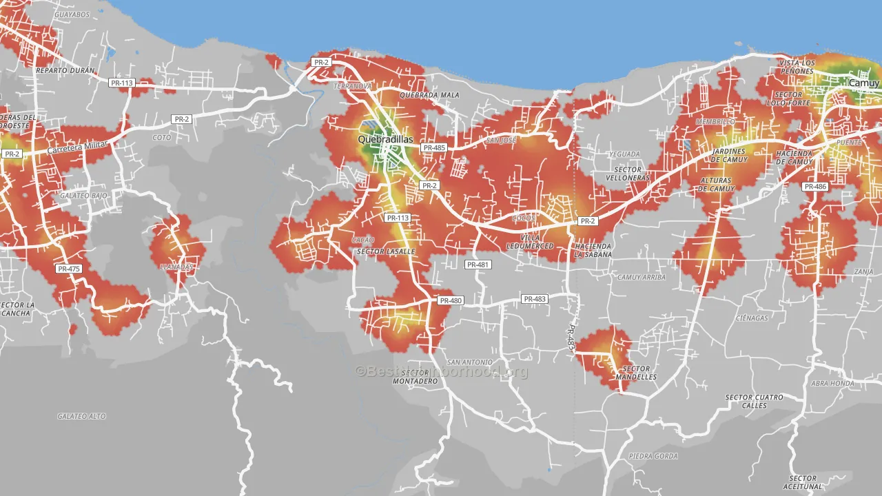 Walk Grade map of Quebradillas Municipio, PR, walkable areas in green and car-dependent areas in red