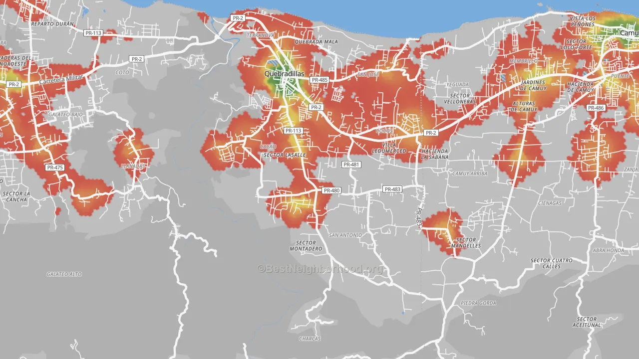 Walk Grade map of Quebradillas, PR, walkable areas in green and car-dependent areas in red