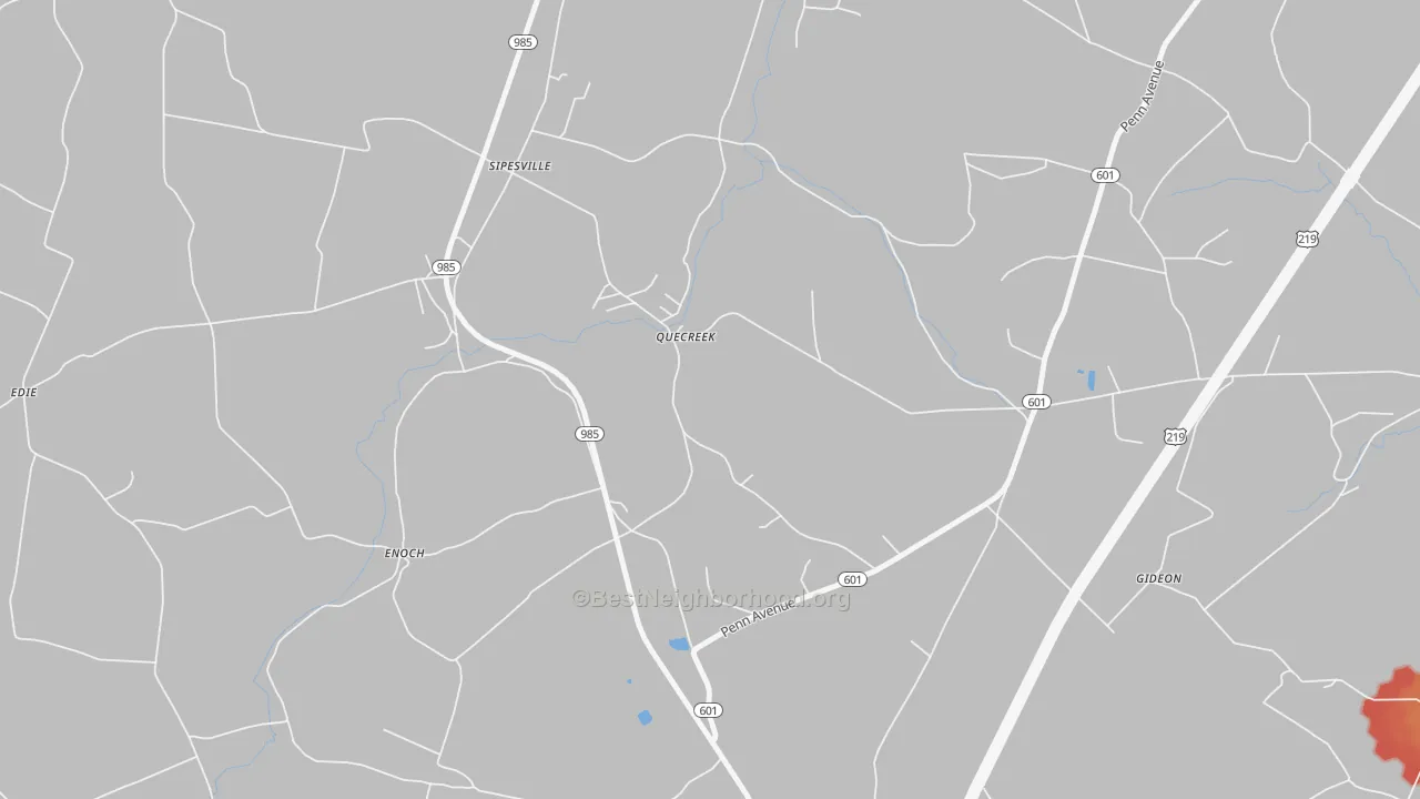Walk Grade map of Quecreek, PA, walkable areas in green and car-dependent areas in red