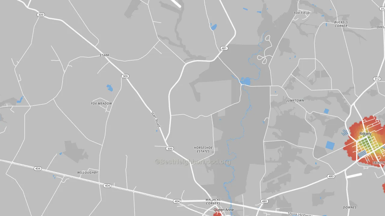 Walk Grade map of Queen Anne, MD, walkable areas in green and car-dependent areas in red
