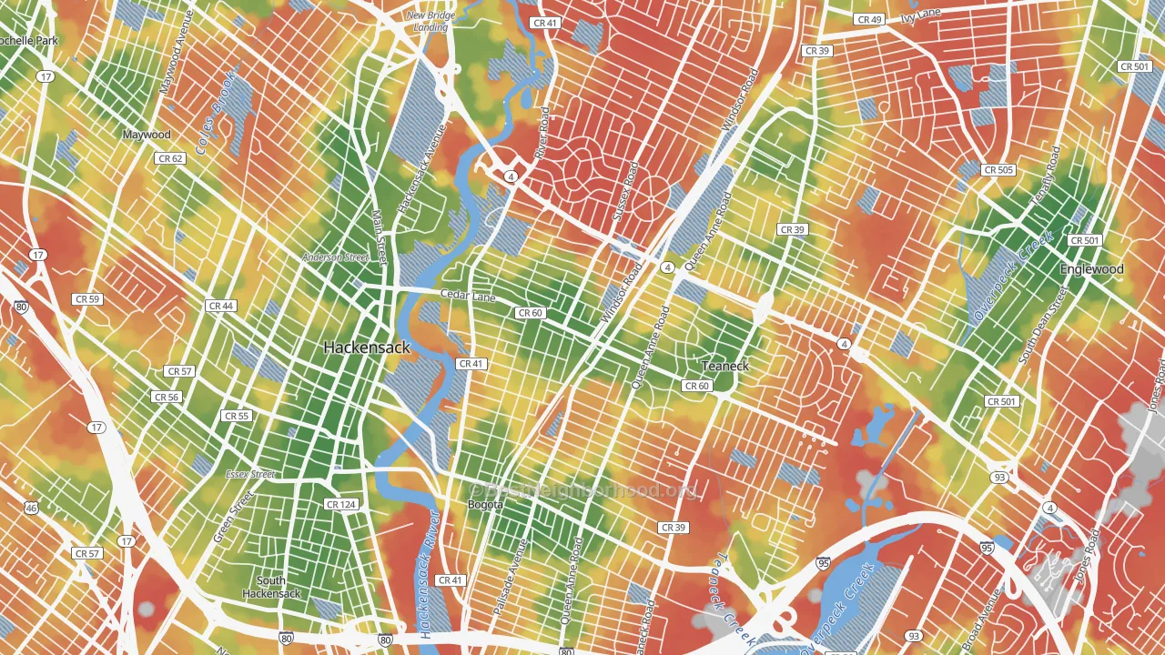 Walk Grade map of Queen Anne Park, Teaneck, NJ, walkable areas in green and car-dependent areas in red