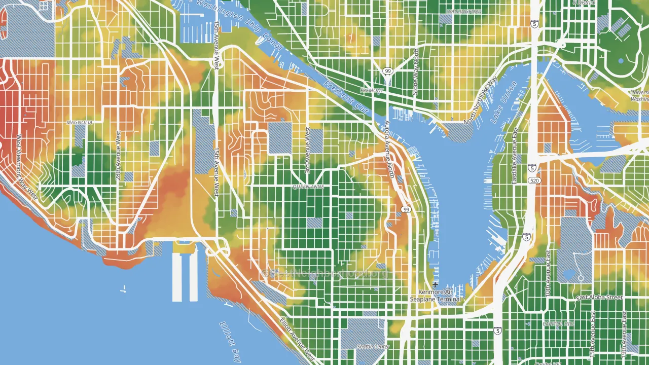 Walk Grade map of Queen Anne, Seattle, WA, walkable areas in green and car-dependent areas in red