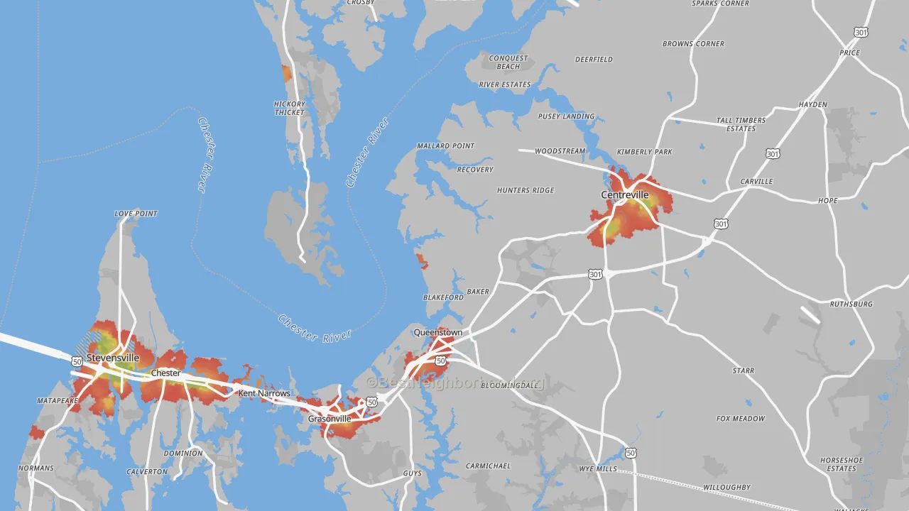 Walk Grade map of Queen Anne's County, MD, walkable areas in green and car-dependent areas in red
