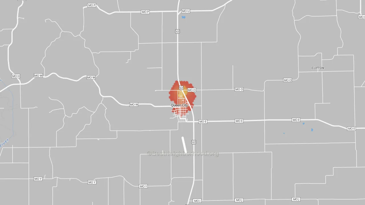 Walk Grade map of Queen City, MO, walkable areas in green and car-dependent areas in red