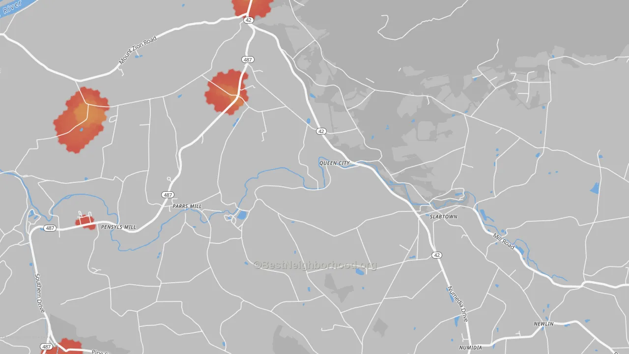 Walk Grade map of Queen City, PA, walkable areas in green and car-dependent areas in red