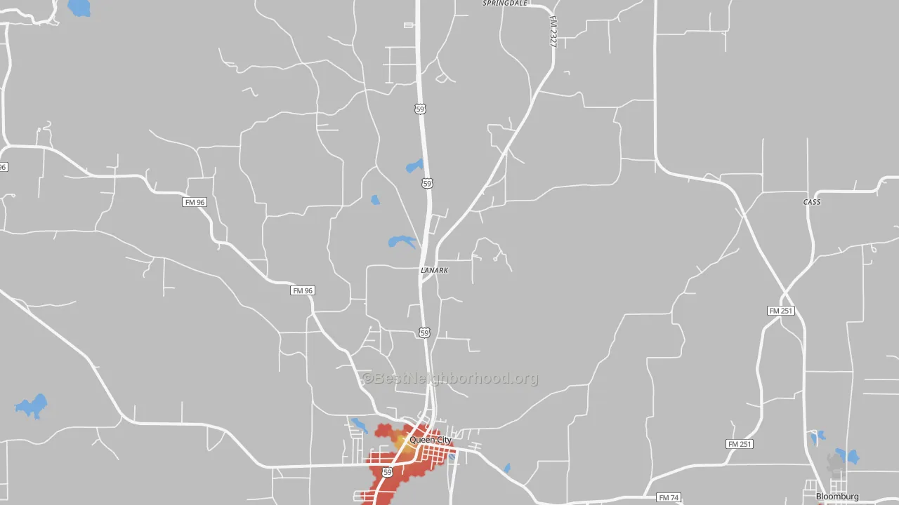Walk Grade map of Queen City, TX, walkable areas in green and car-dependent areas in red