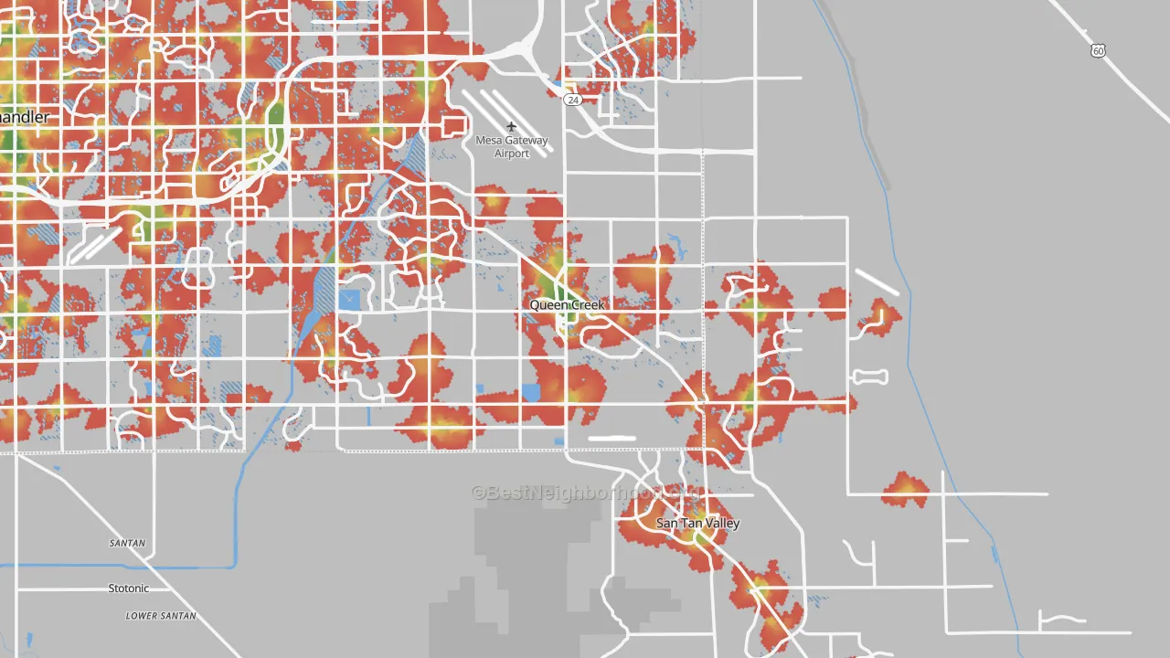 Walk Grade map of Queen Creek, AZ, walkable areas in green and car-dependent areas in red