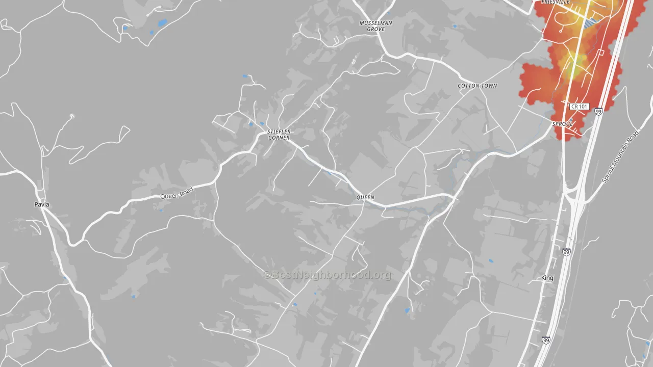 Walk Grade map of Queen, PA, walkable areas in green and car-dependent areas in red