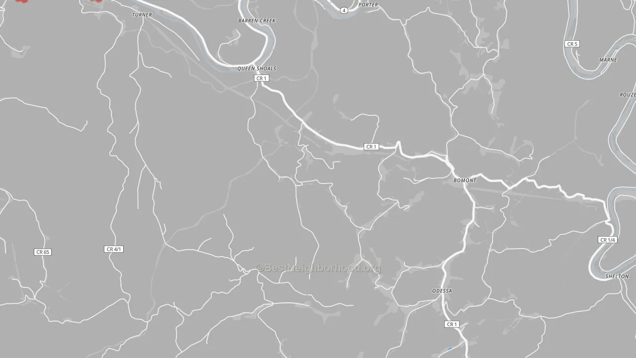 Walk Grade map of Queen Shoals, WV, walkable areas in green and car-dependent areas in red