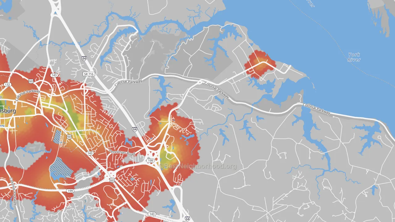 Walk Grade map of Queens Lake, VA, walkable areas in green and car-dependent areas in red